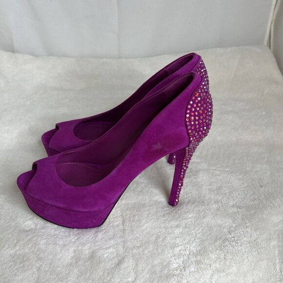 Brian Atwood Purple Suede Peep-Toe Platform Heels Rhinestone Stiletto Size 8 - Picture 5 of 8